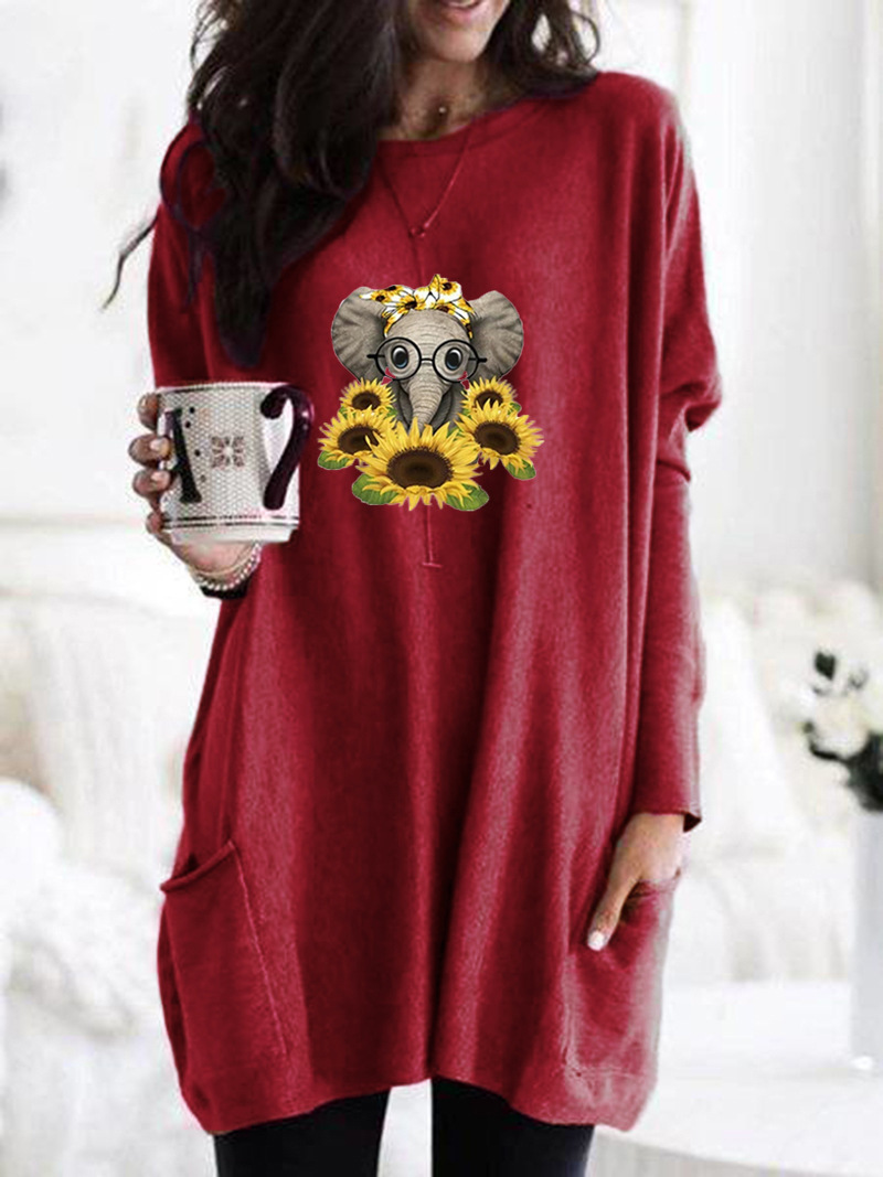 Women's Long Sleeve Loose Crewneck Elephant Print Pocket T-Shirt