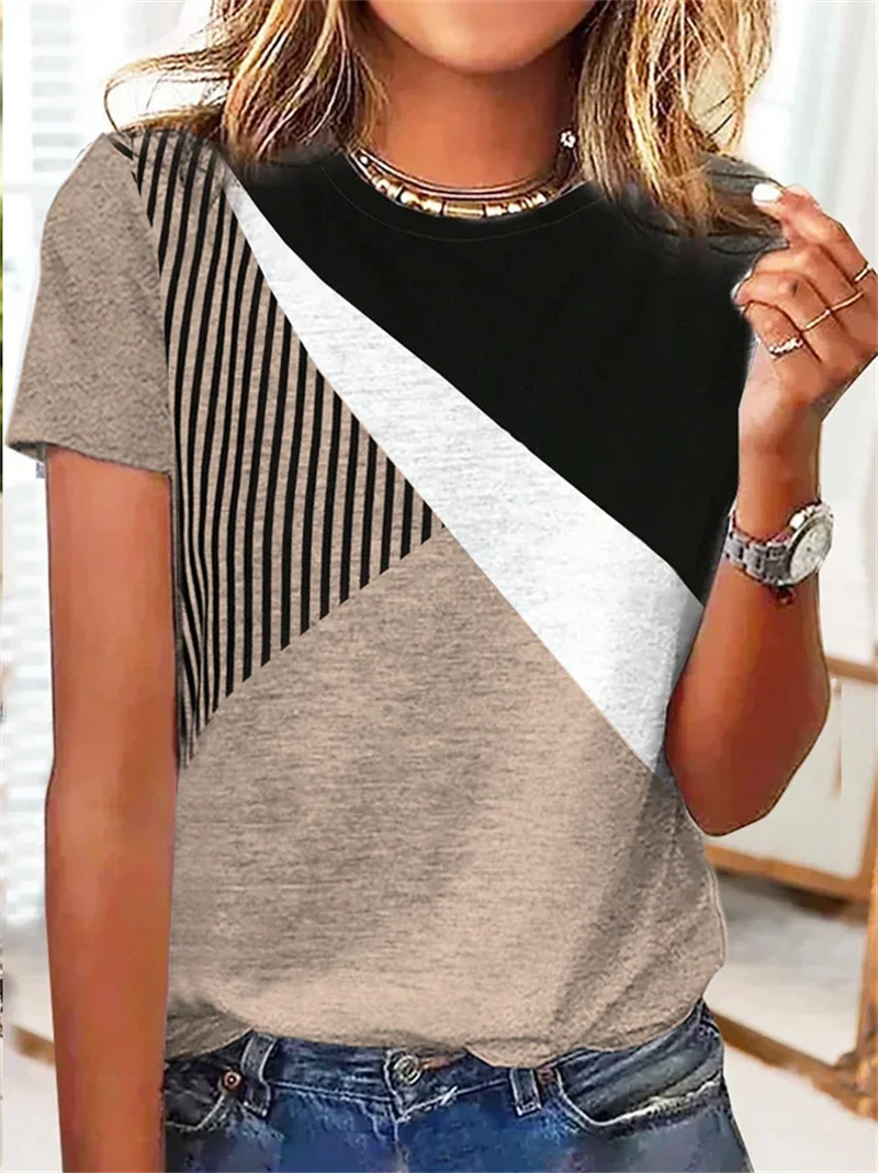 Women's Color-Block Striped Print Short-Sleeve Crewneck Casual T-Shirt