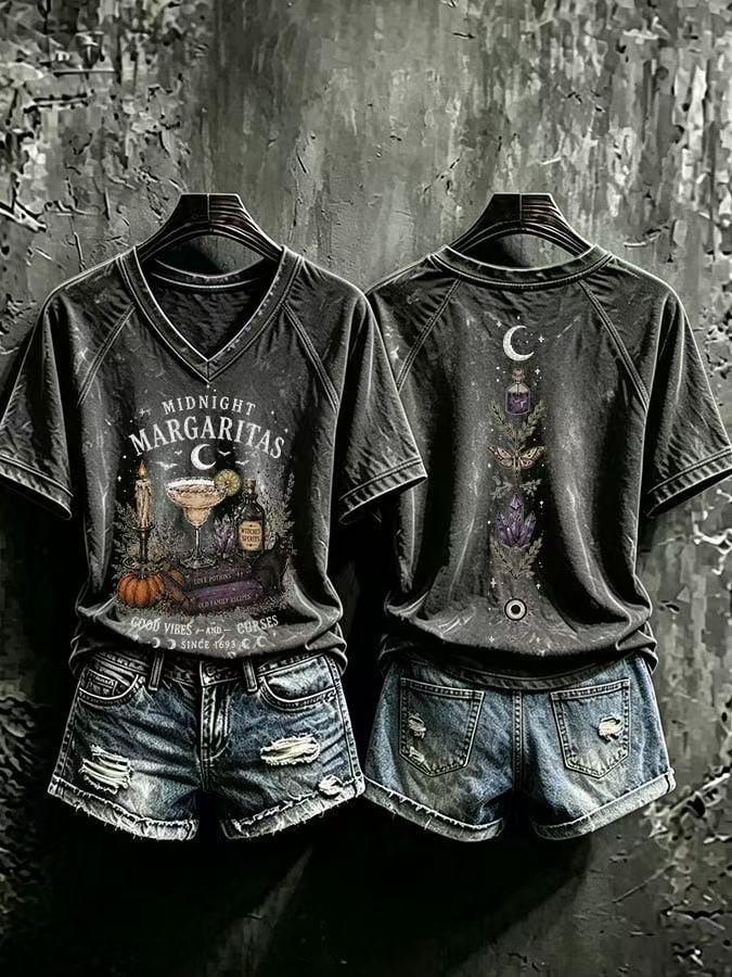 Fantasy Graphic Front and Back Print V-Neck T-Shirt