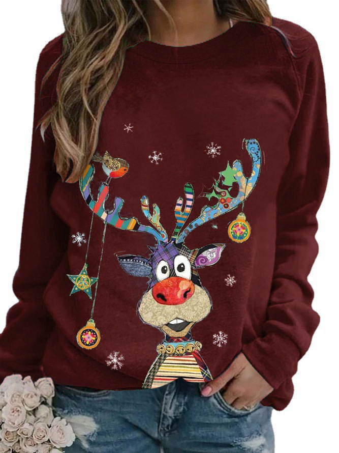 Christmas Deer Print Crewneck Long Sleeve Loose T-Shirt