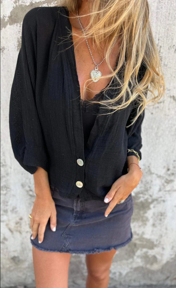 Women's Loose V-Neck Cotton-Linen T-Shirt Casual Long Sleeve