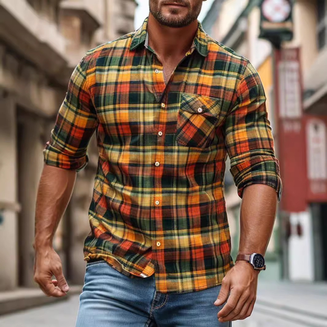 Men's Plaid Print Fleece-Lined Button-Down Shirt with Pockets