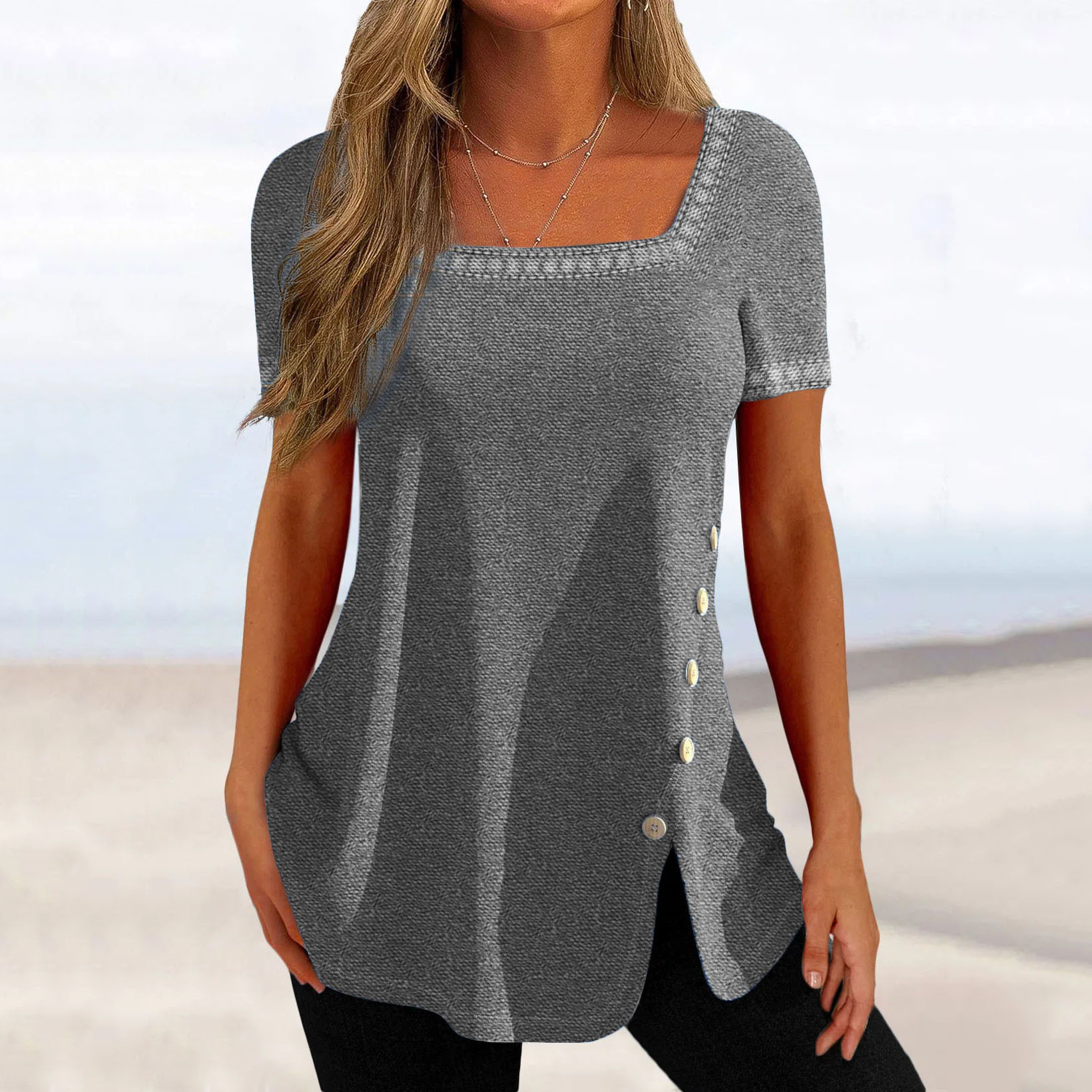 Women's Printed Button Slit Short Sleeve T-Shirt