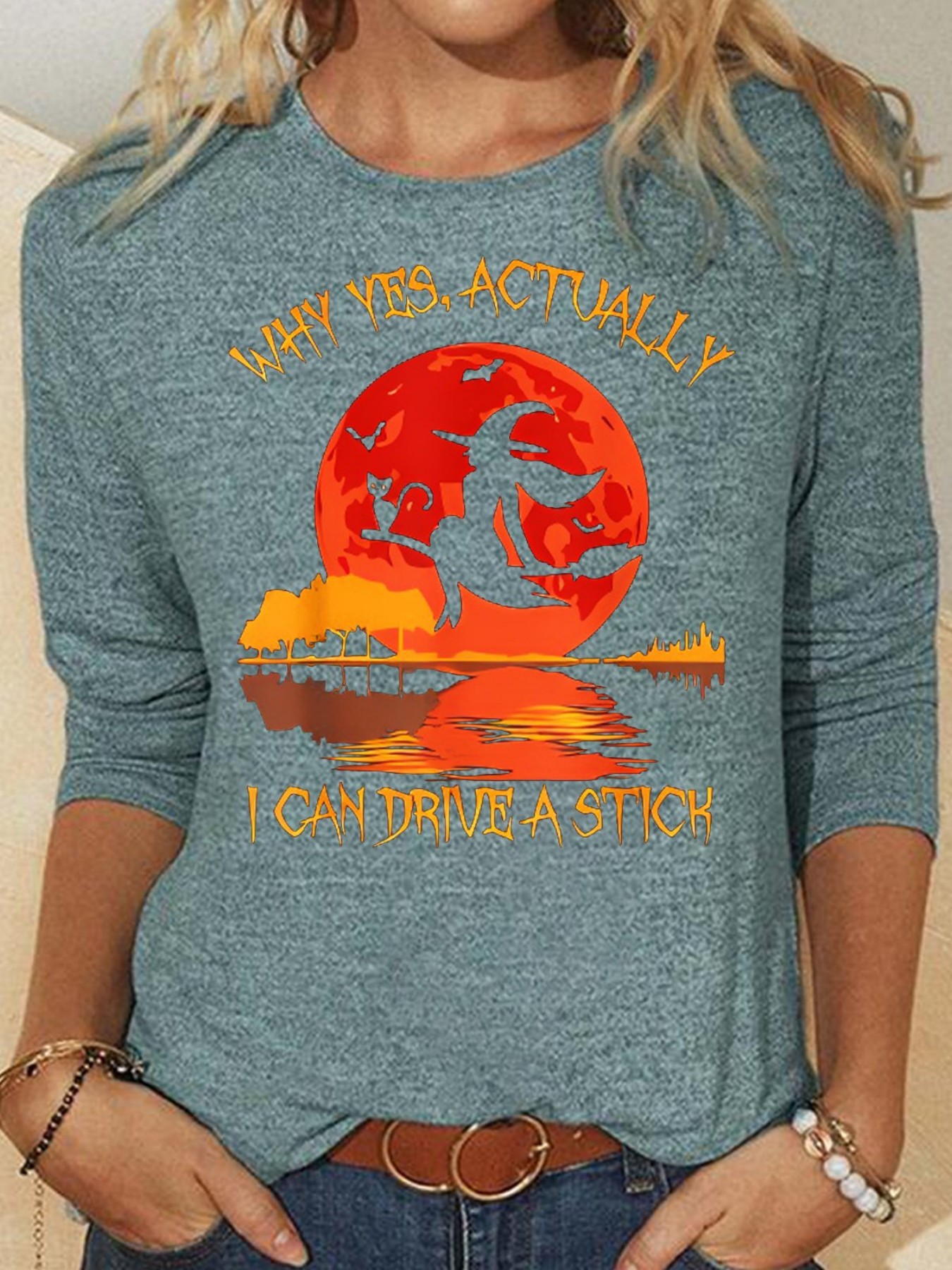 Halloween Witch Letter Print Crewneck Mid-Sleeve Top
