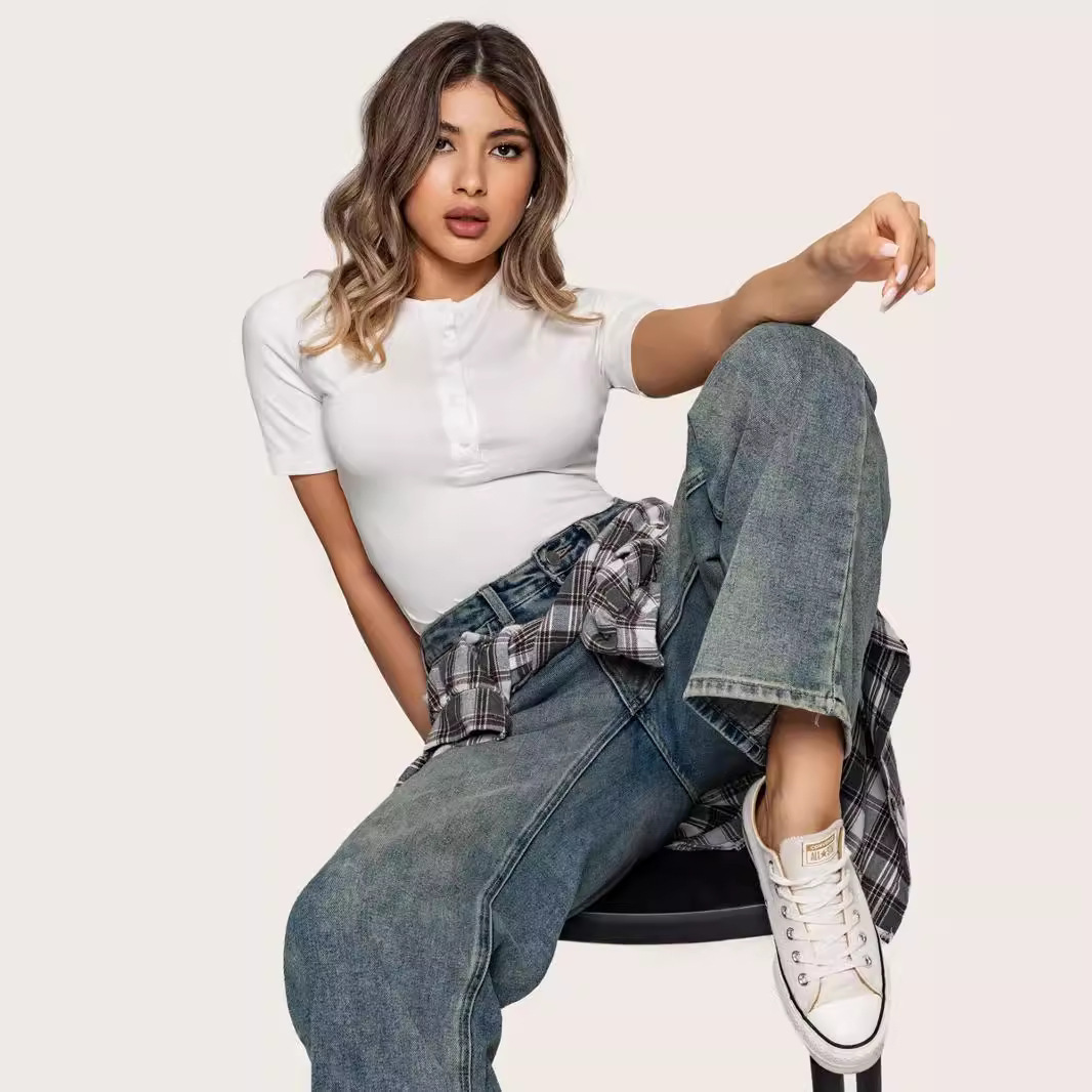 Women's Slim Fit Button Short Sleeve T-Shirt