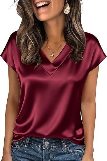 Satin V-Neck Short Sleeve Casual T-Shirt for Women
