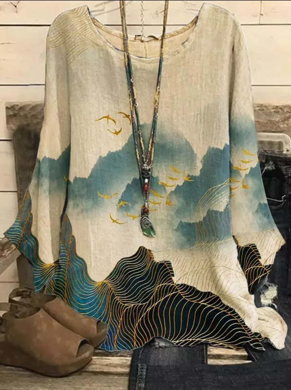 Cotton-Linen Floral Print Crewneck Loose Vintage Top