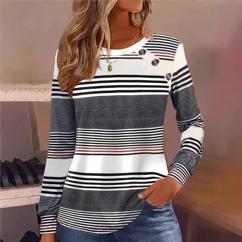 Striped Button-Front Long-Sleeve T-Shirt