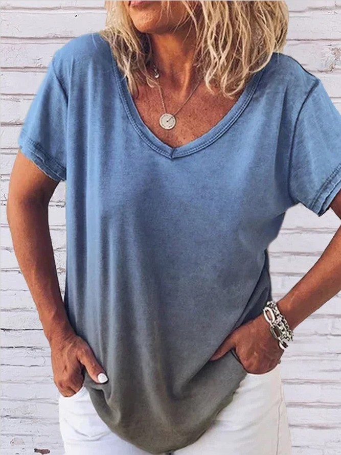 Raw Edge Short Sleeve V-Neck Gradient Print T-Shirt