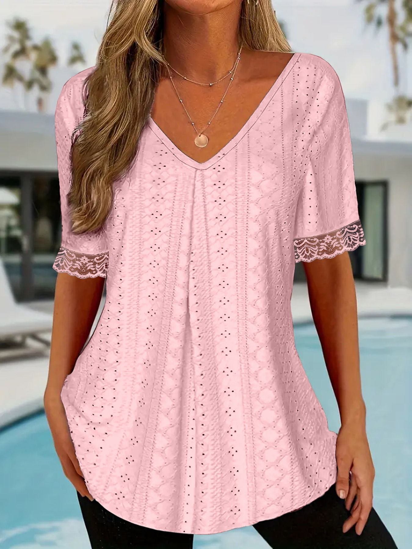 Women's Solid V-Neck Loose Short Sleeve Pleated T-Shirt