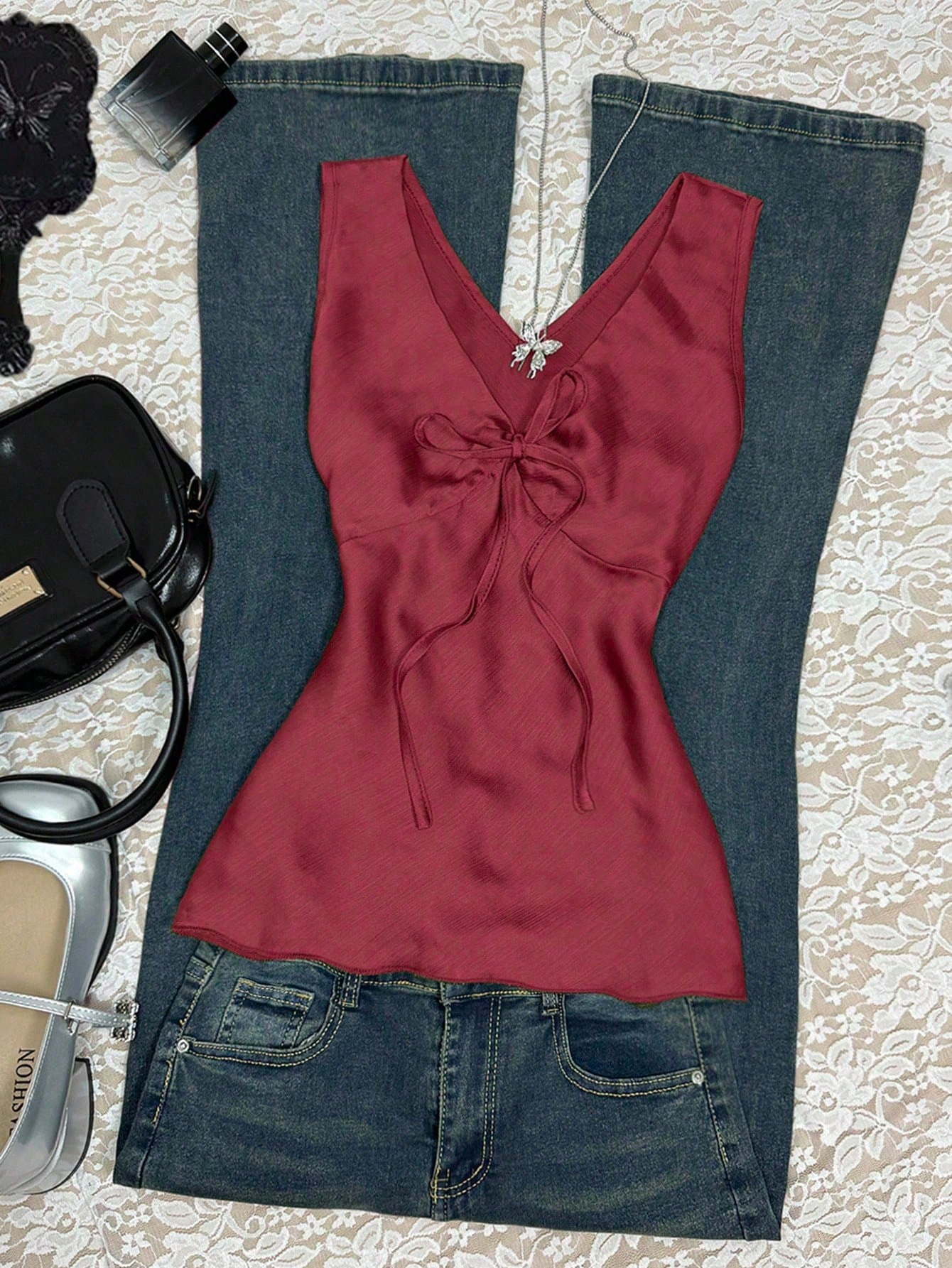 V-Neck Tie Bow Slim Fit Cami Top