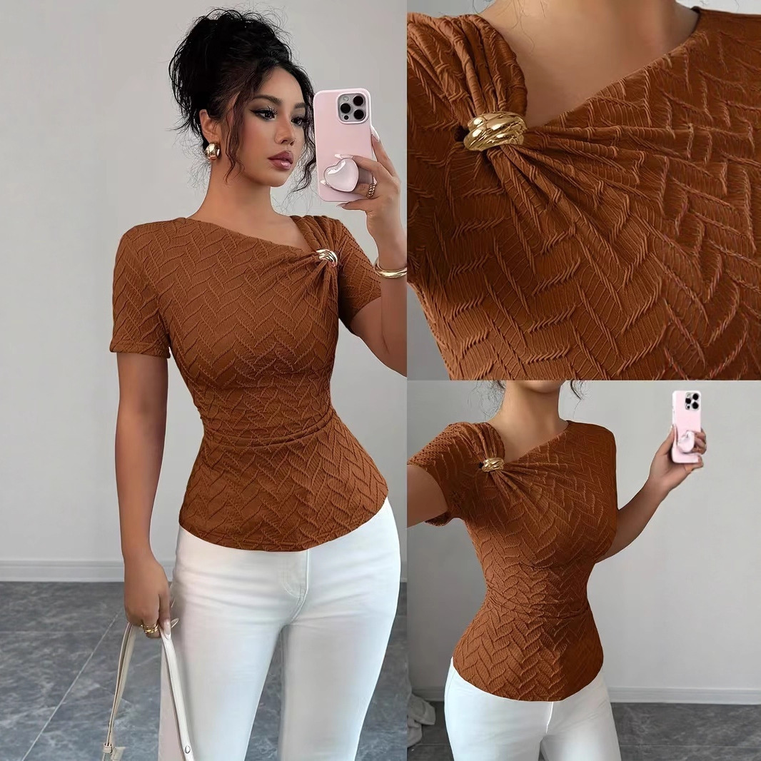 Women's Sexy Slim-Fit Asymmetric Neckline Metal-Trim Short-Sleeve T-Shirt
