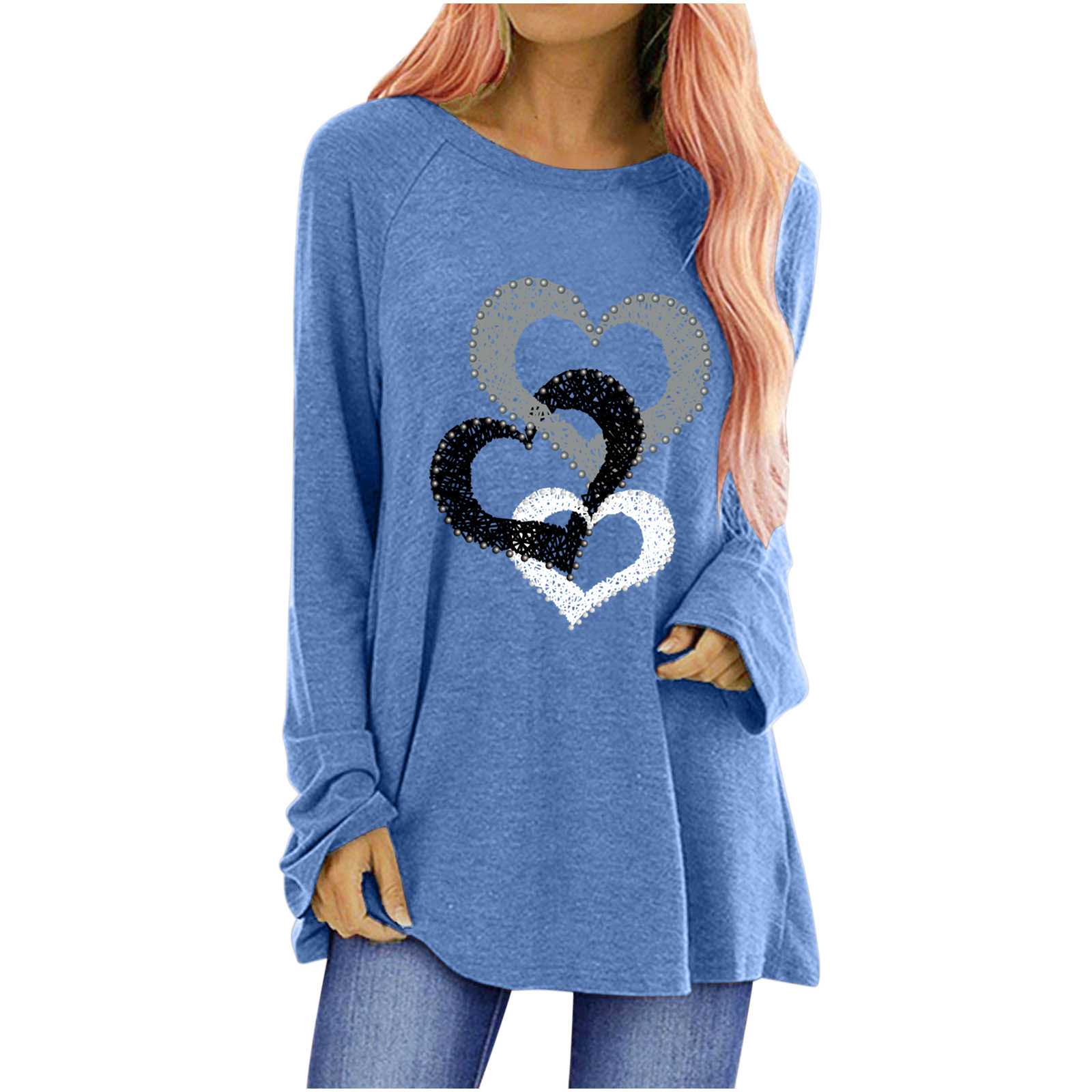 Women's Heart Print Crewneck Long Sleeve Top