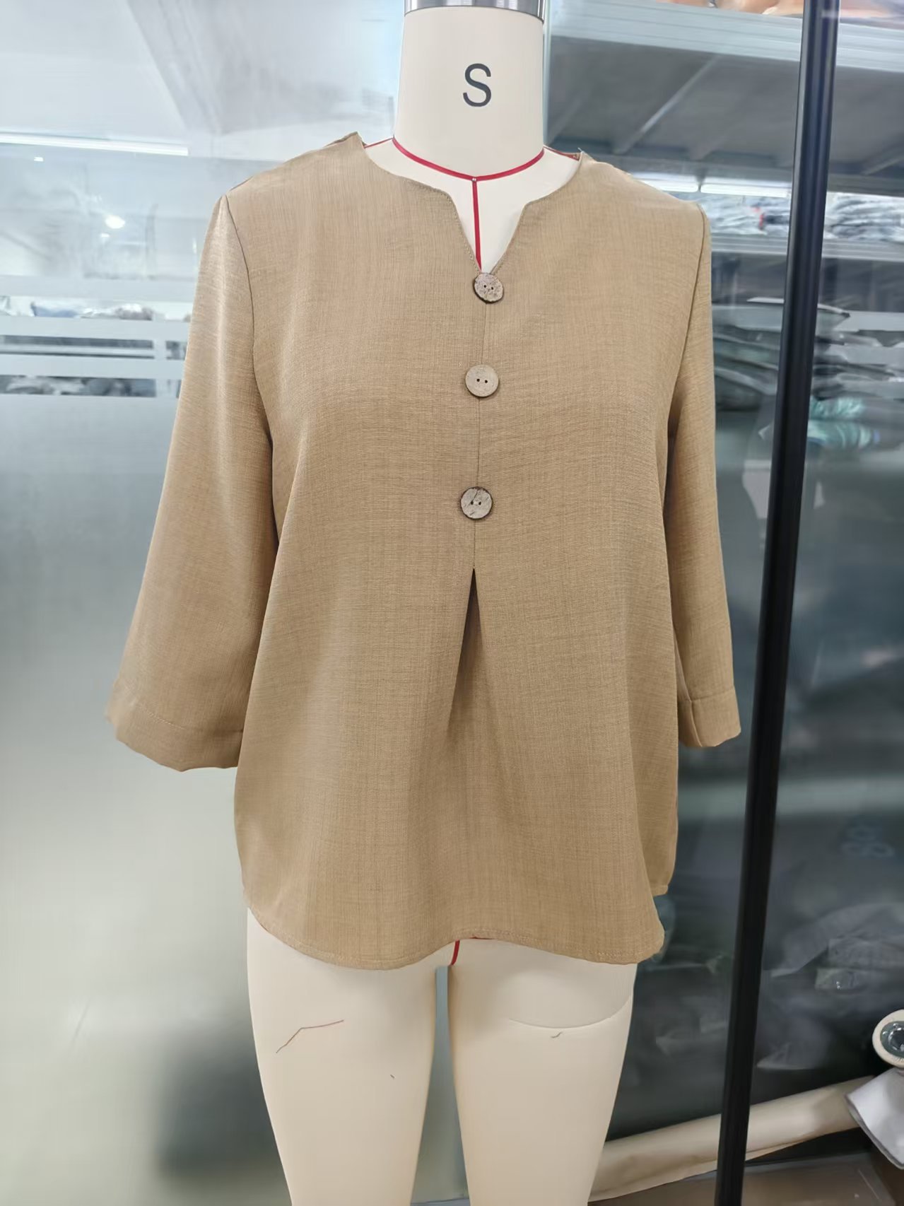 Women's Solid Color Cotton-Linen V-Neck Button T-Shirt Casual Loose Fit