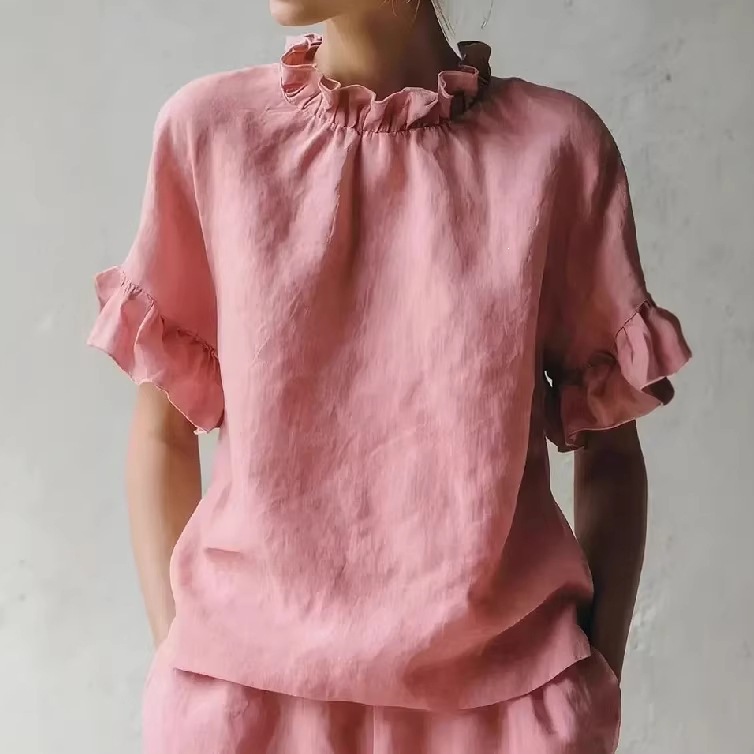 French Vintage Ruffle Ruched Crew Neck Cotton Linen Short Sleeve Top