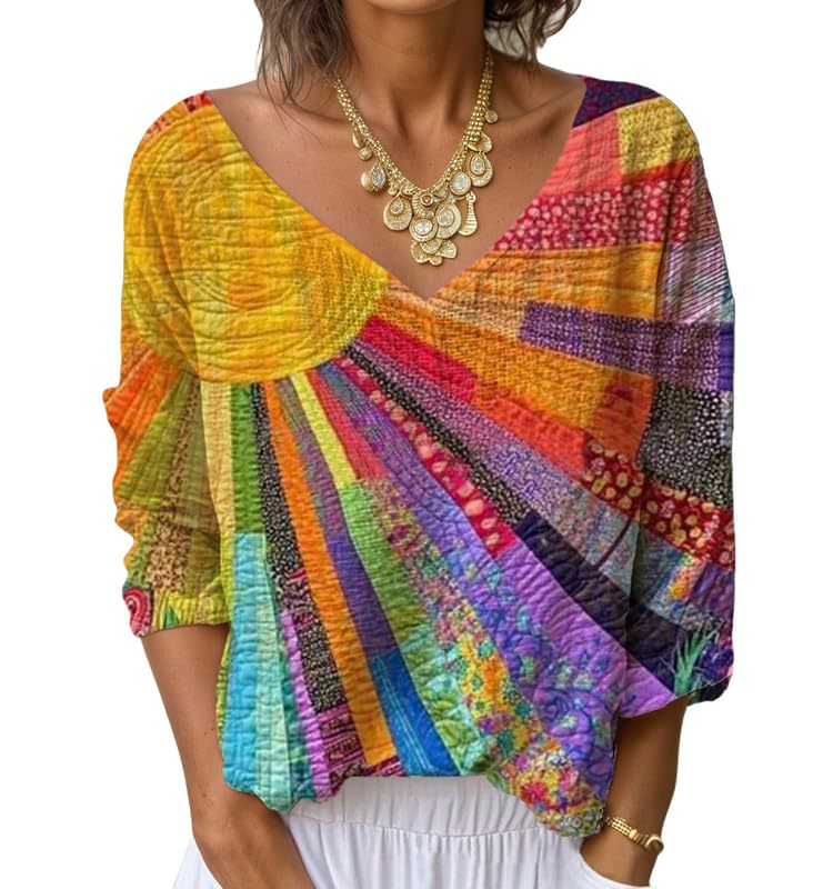Women's V-Neck Long Sleeve Printed T-Shirt