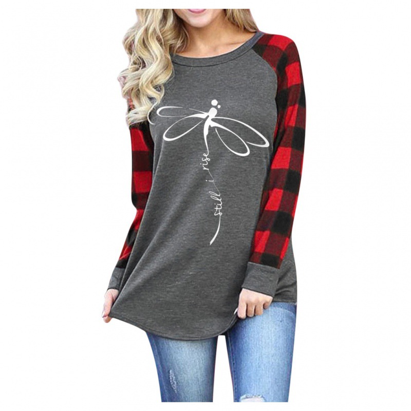 2024 Summer New Cross-Border European and American Women's Clothing Cross-Border European and American Spring and Autumn Plaid Print Round Neck Long Sleeve Top T-Shirt