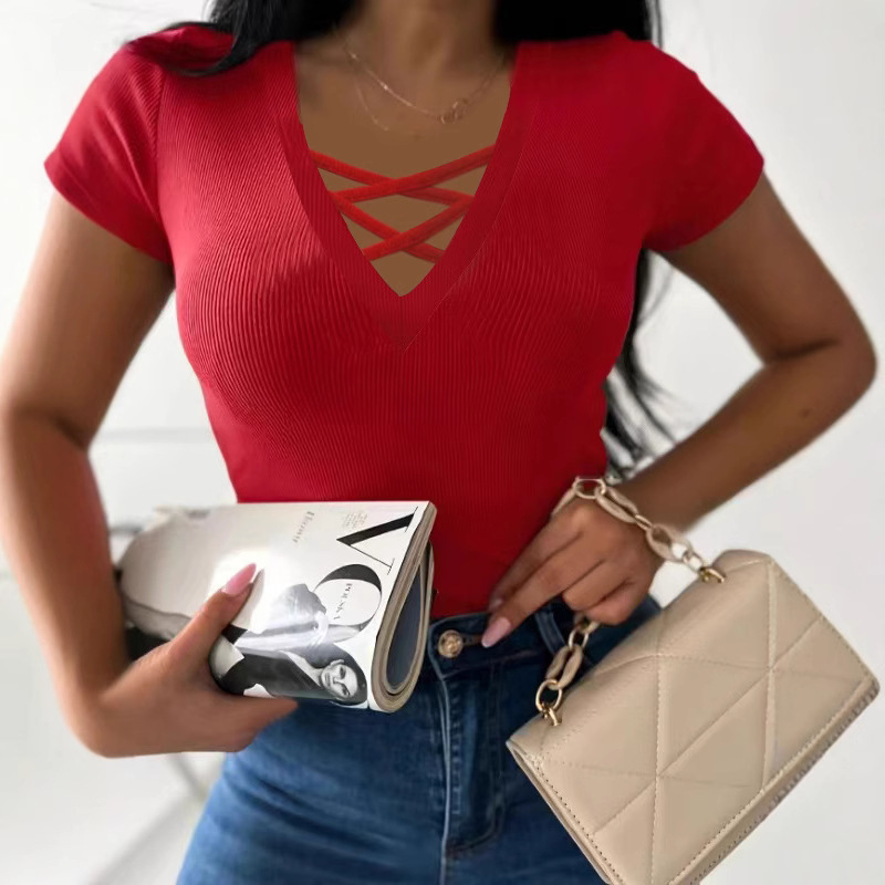Elegant V-Neck Cross Short-Sleeve Women's T-Shirt