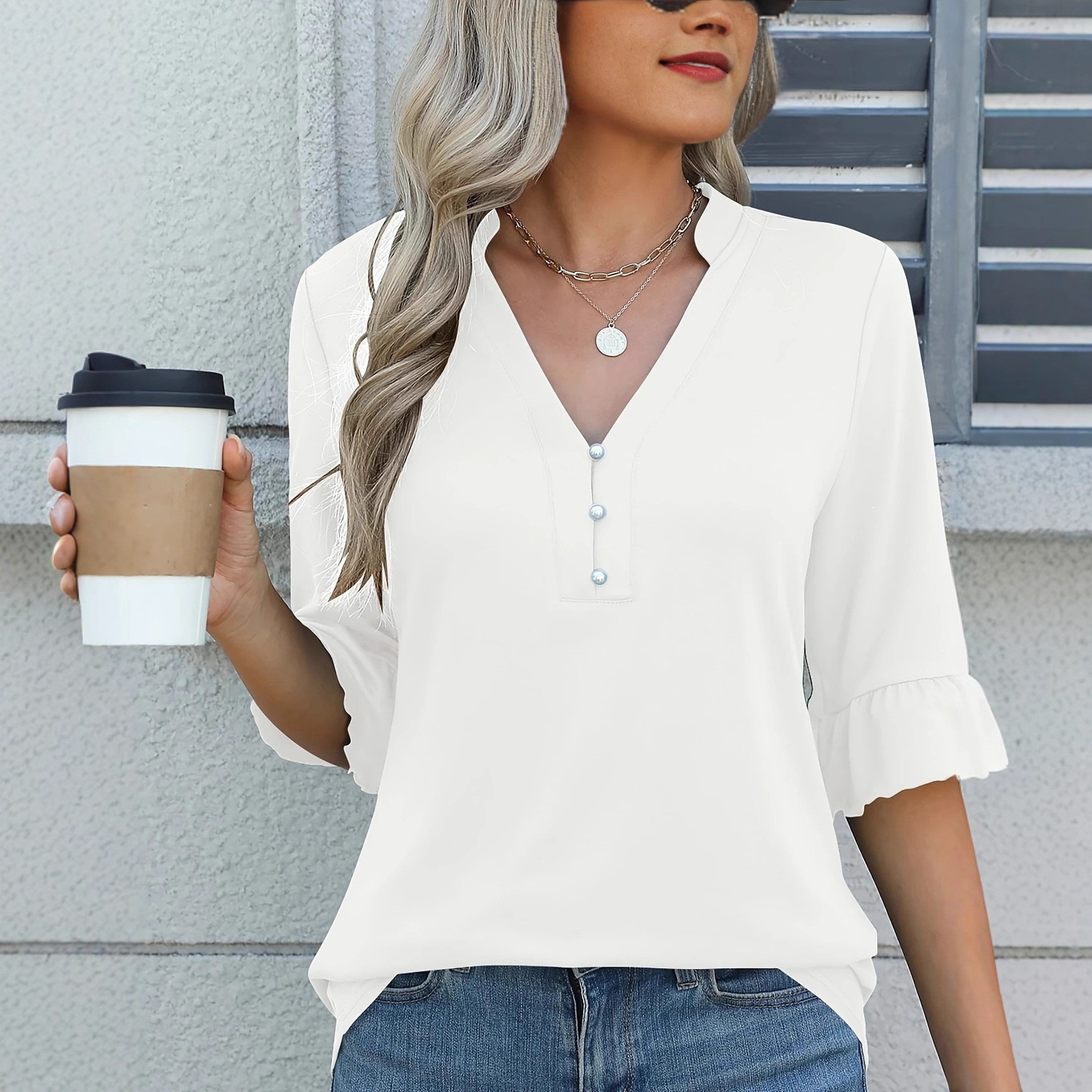 Women's Solid Color V-Neck Mid-Sleeve T-Shirt Top