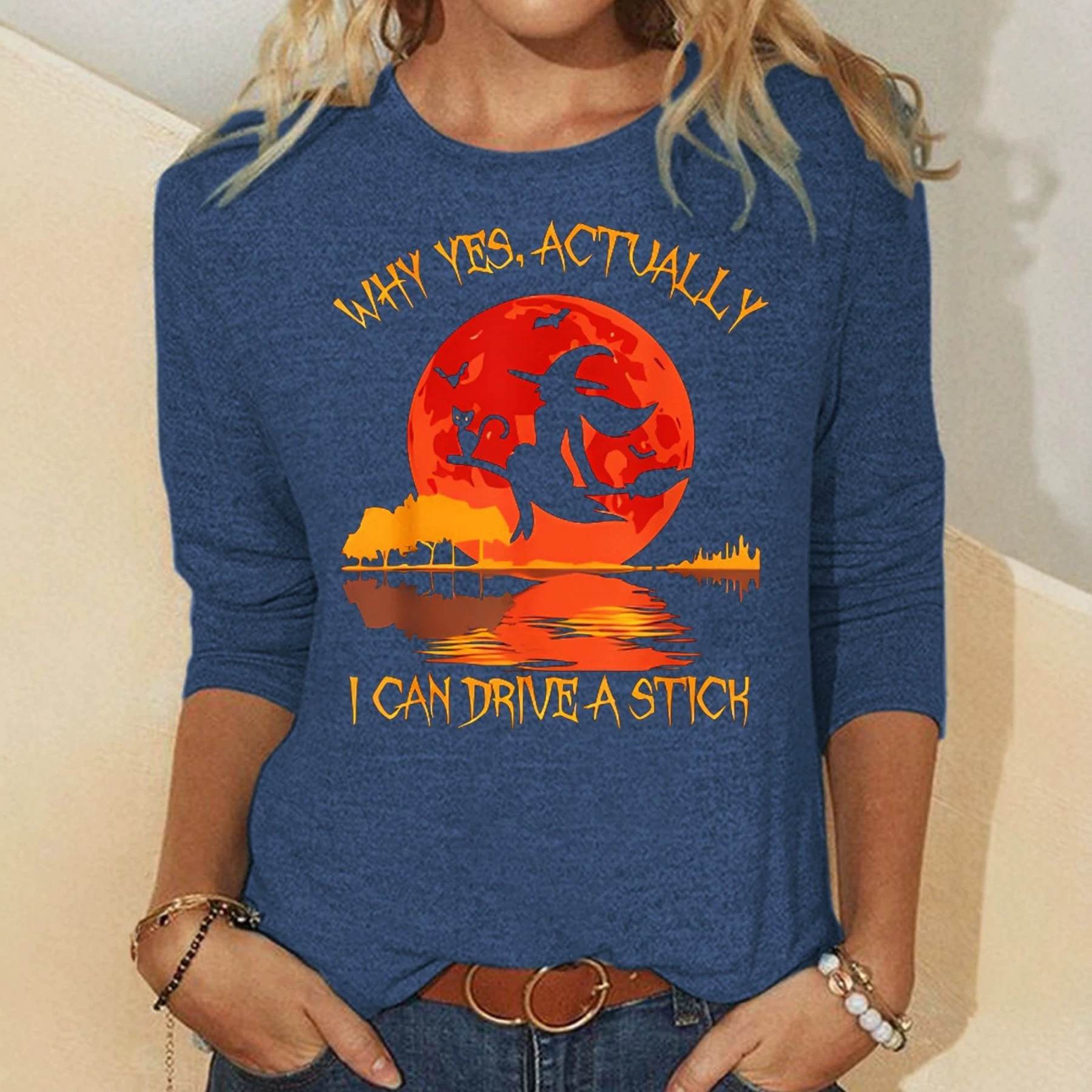 Halloween Witch Letter Print Crewneck Mid-Sleeve Top
