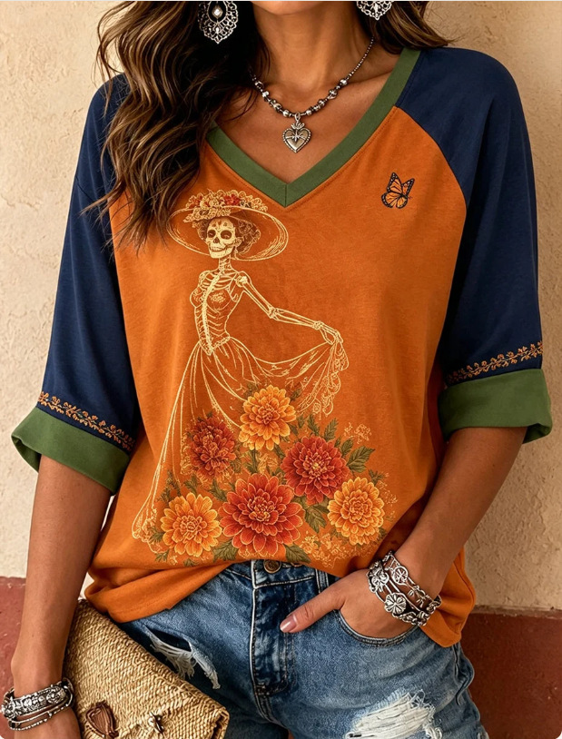 Halloween Ghost Print V-Neck Half-Sleeve Women's T-Shirt