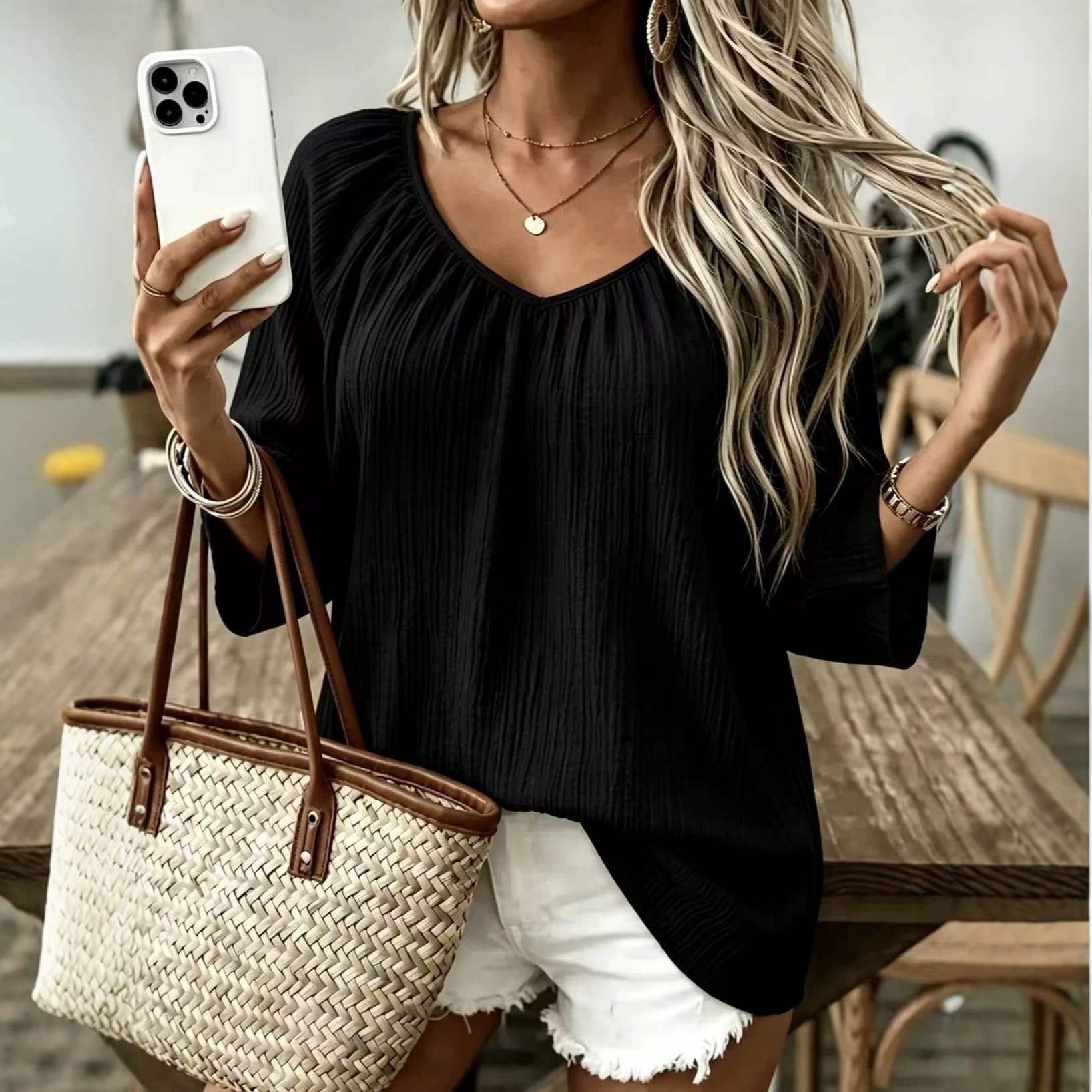 Women's Casual V-Neck Long Sleeve Loose Solid Pullover T-Shirt