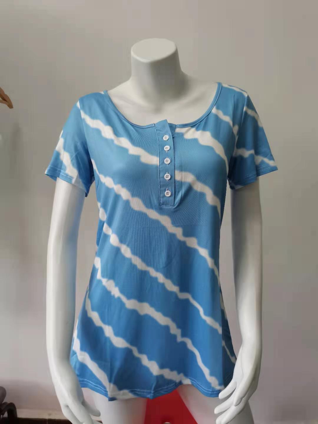 Striped Crewneck Button Short-Sleeve T-Shirt