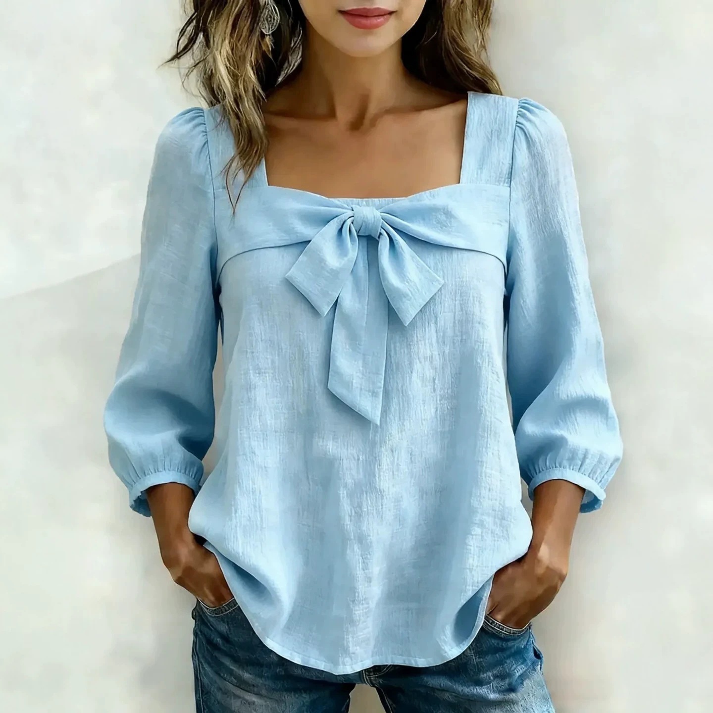 Women's Square Neck Bow Tie Blouse Casual Sweet Top