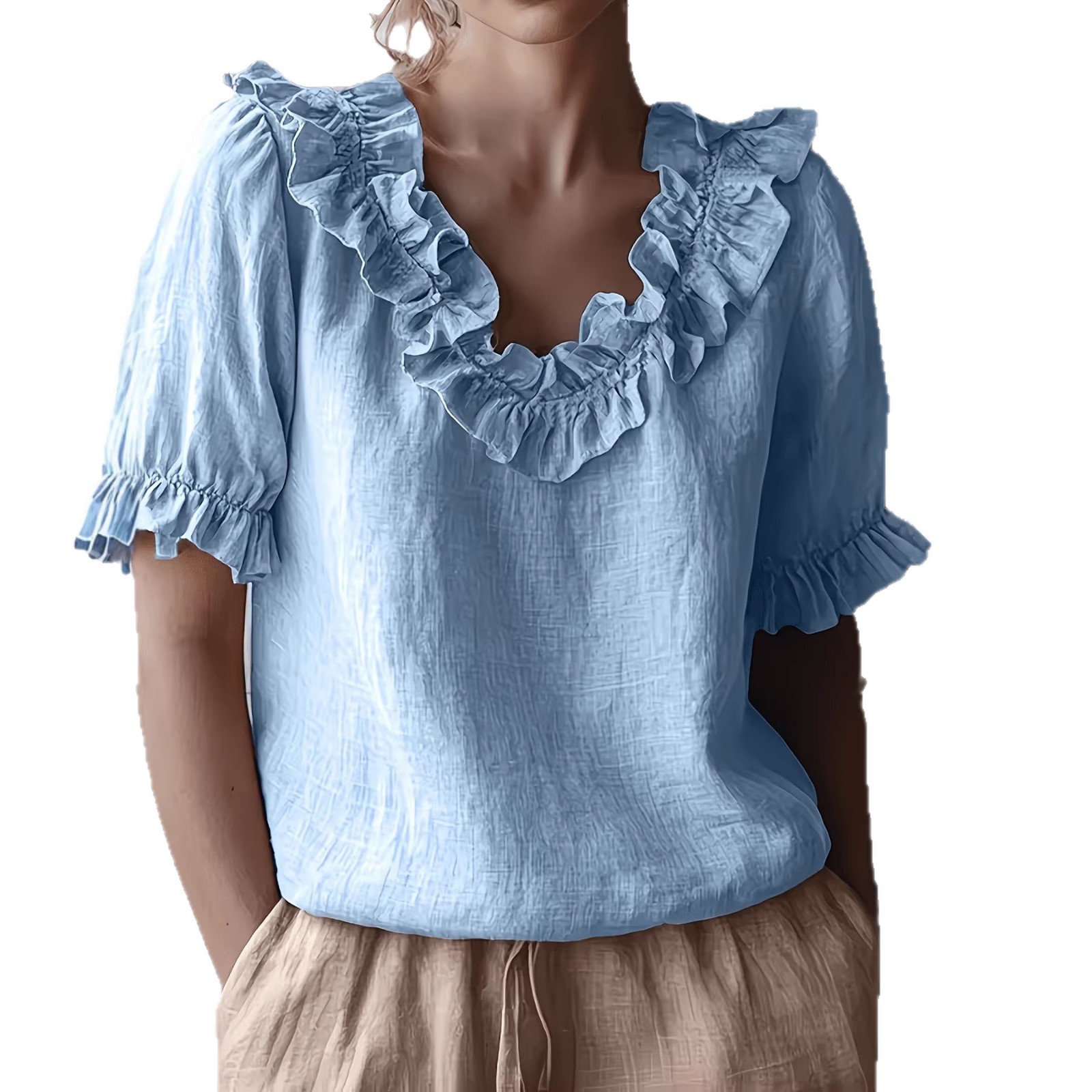 Ruffled Round Neck Short Sleeve Blouse