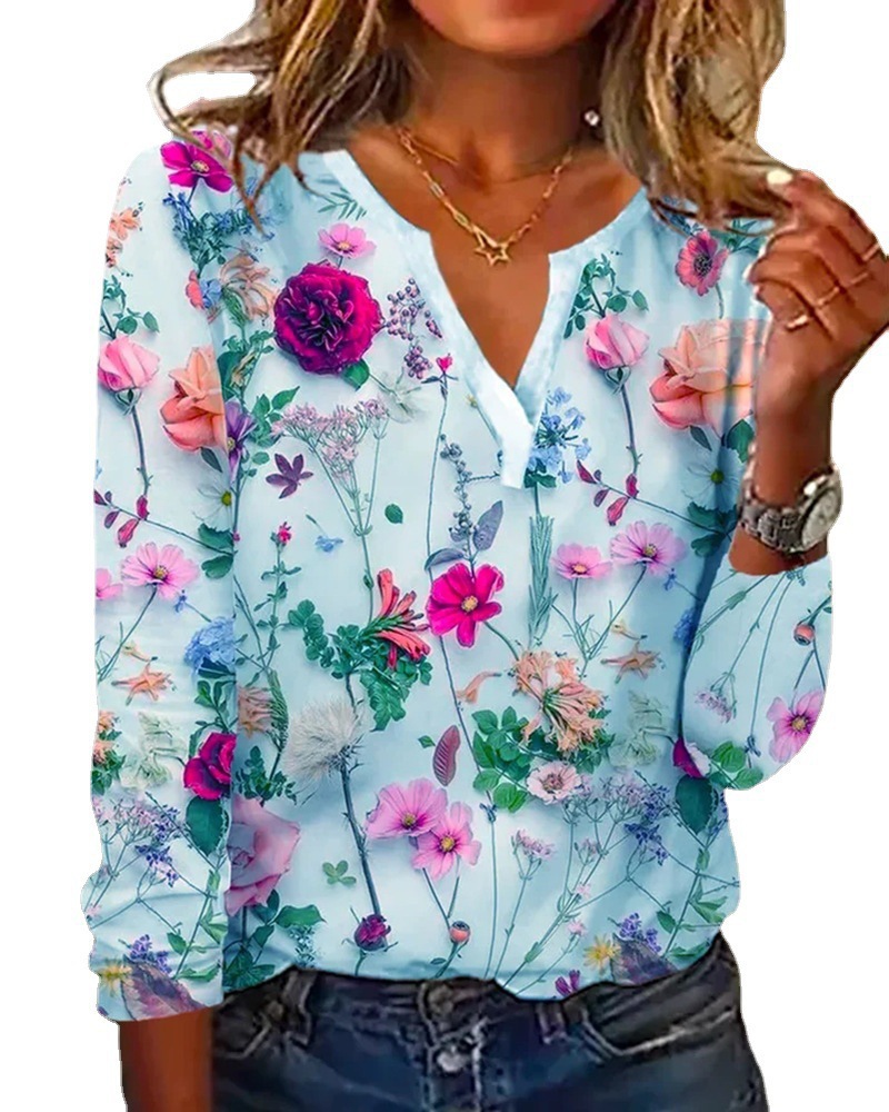 Floral Print V-Neck Long-Sleeve T-Shirt Top