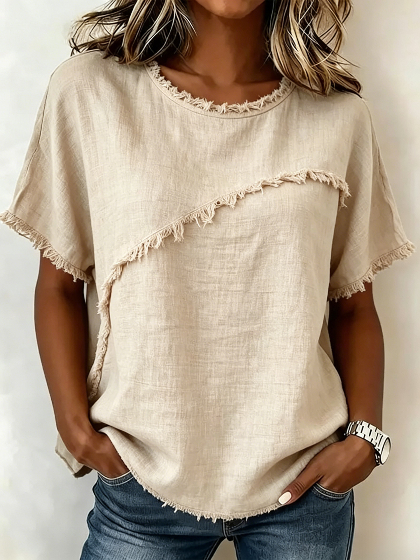 Women's Round Neck Loose Short Sleeve Paneled Top