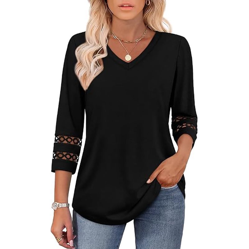 Women's Solid Loose V-Neck Hollow Out Casual Top