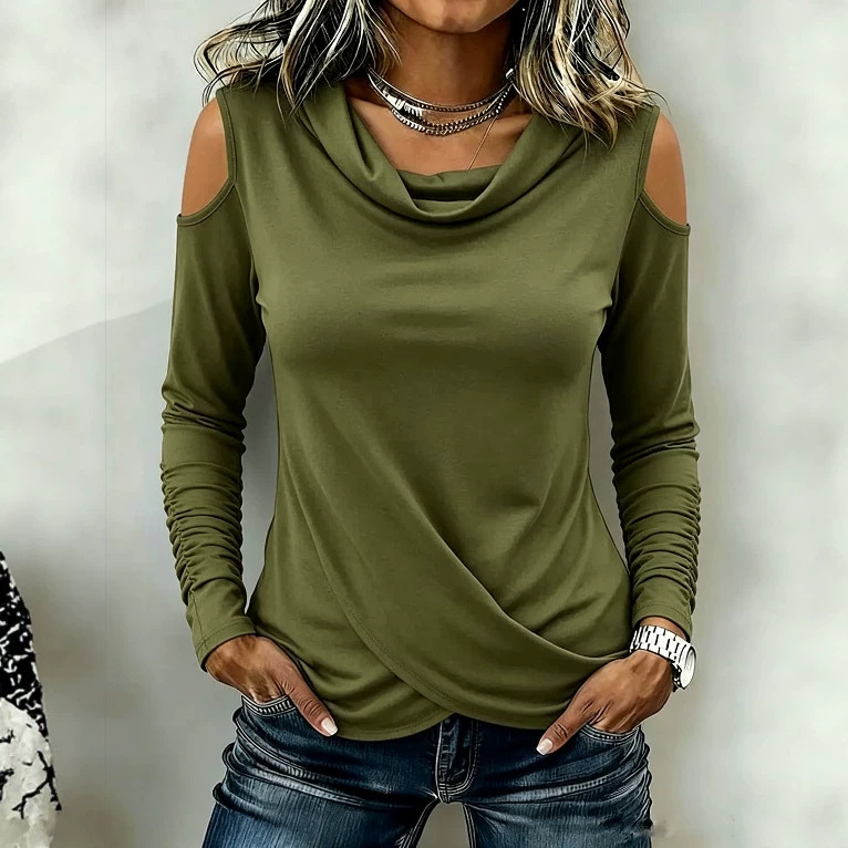 Women's Cowl Neck Cold Shoulder Long Sleeve Cross Hem Slim Fit Top