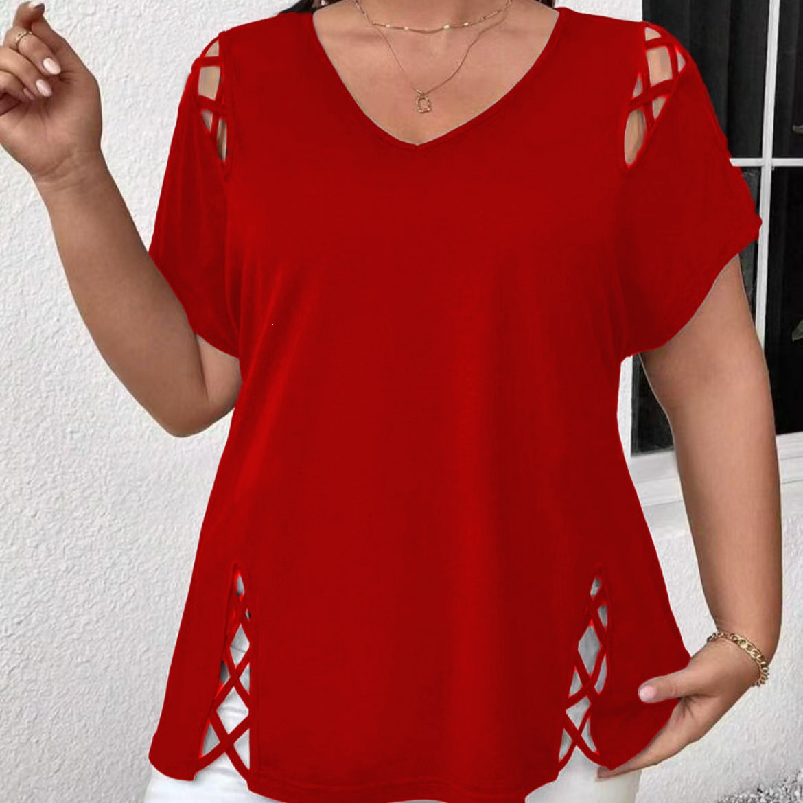 Plus Size V-Neck Cross-Strap Short Sleeve T-Shirt