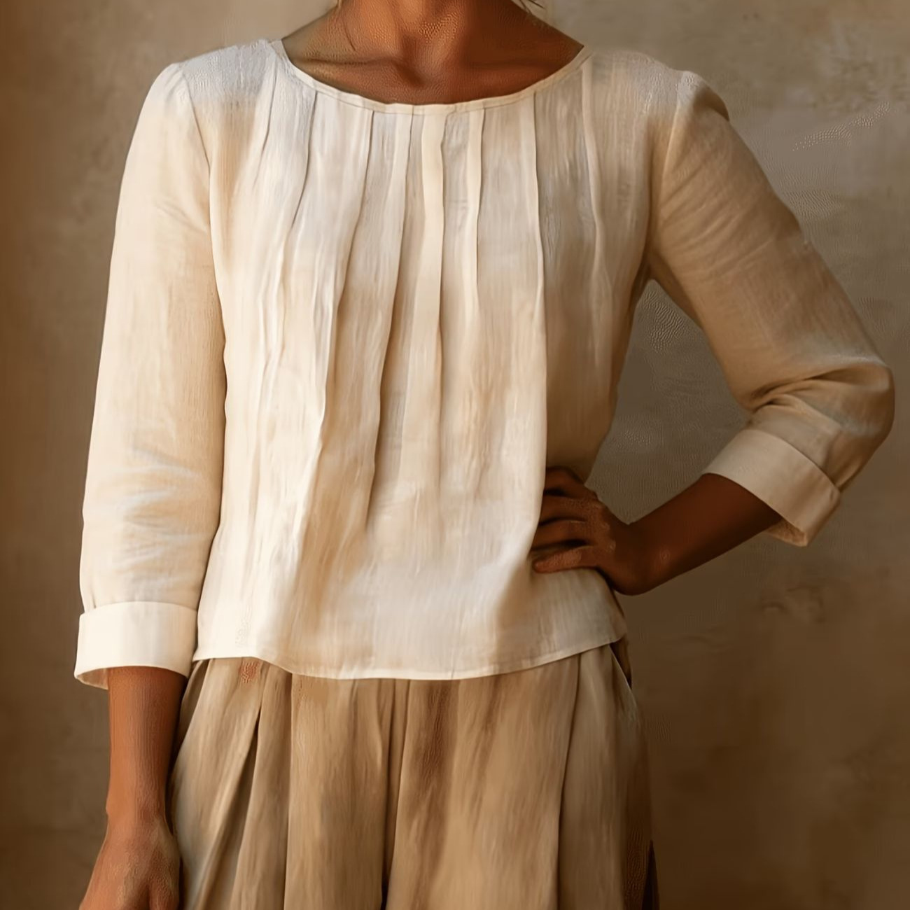 2026 New Cross-Border Summer Women's Cotton-Linen Top Loose Slimming Pleated Round Neck Eight-Sleeve Shirt Solid Color Casual