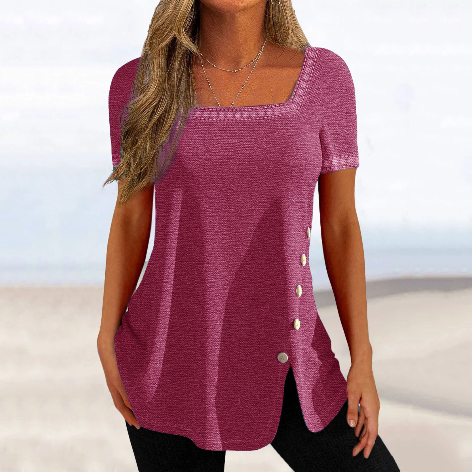 Women's Printed Button Slit Short Sleeve T-Shirt