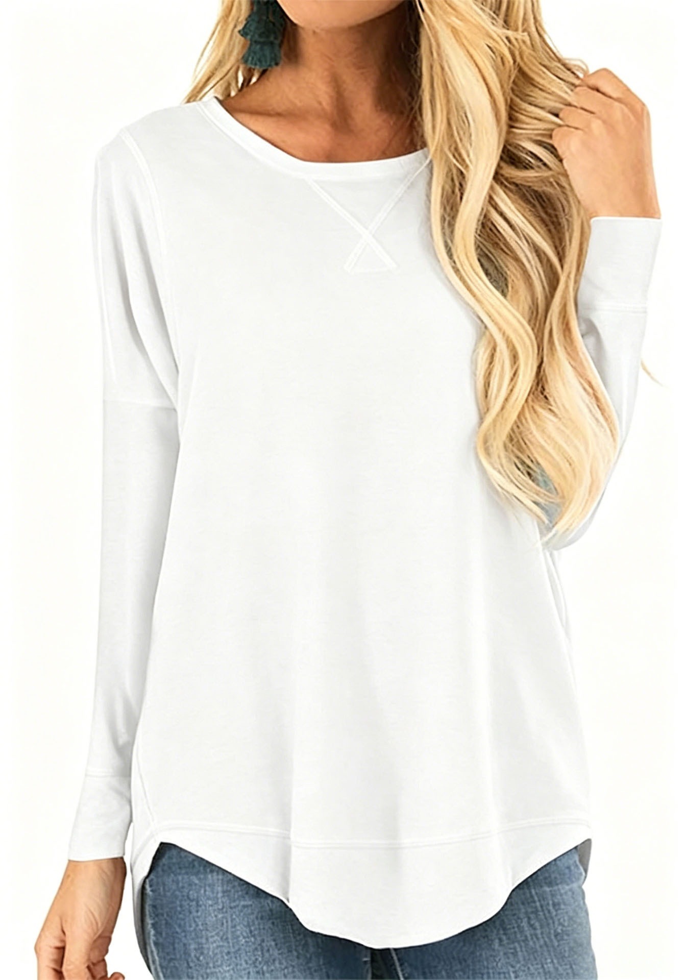 Women's Crewneck Long Sleeve T-Shirt Solid Loose High-Low Hem Casual Top