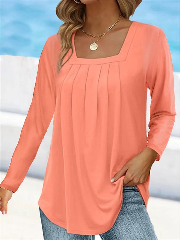 Women's Ruched Square Neck Long Sleeve Cotton-Blend T-Shirt