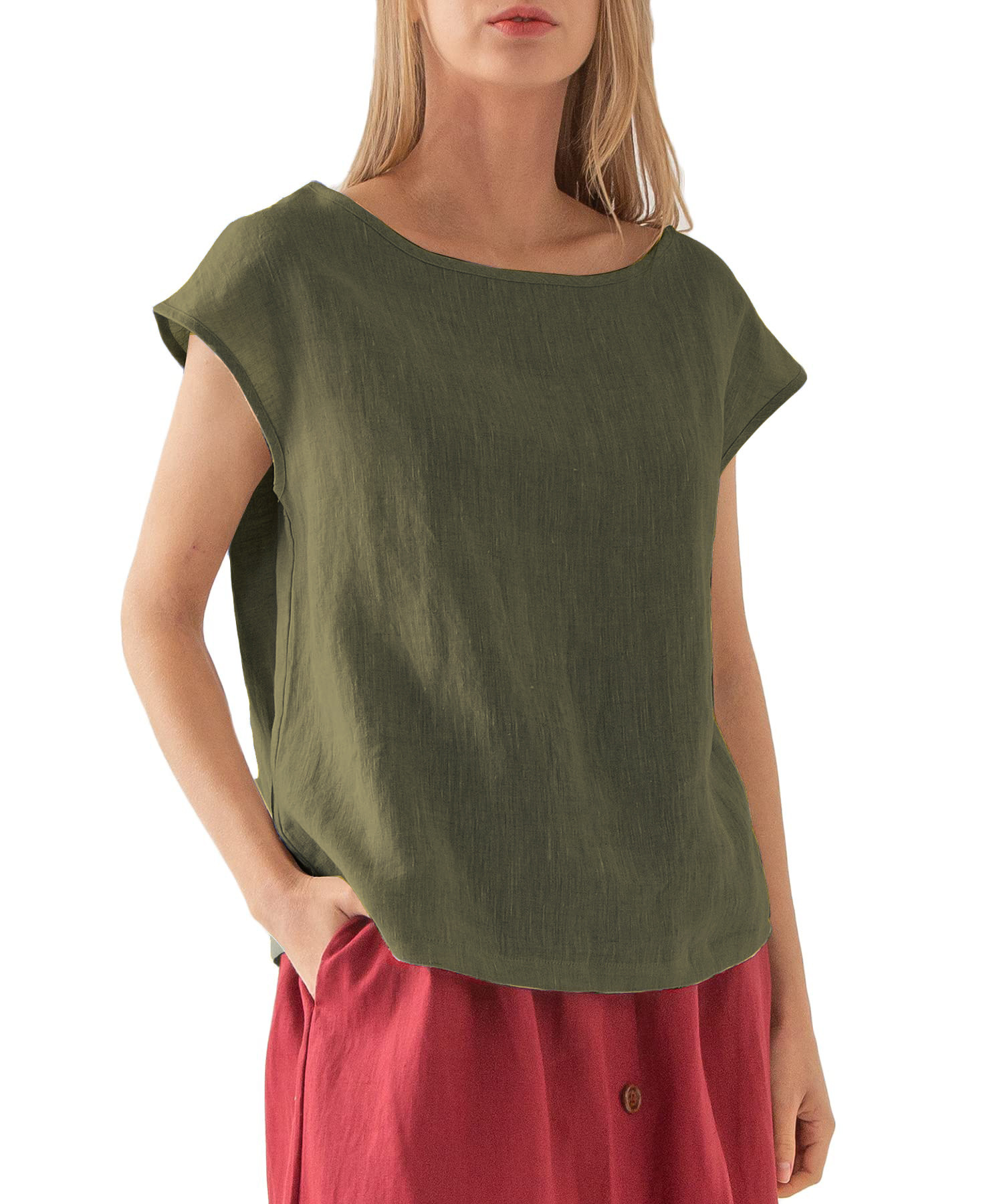 Women's Linen Short Sleeve Crewneck T-Shirt Solid Color Loose Fit