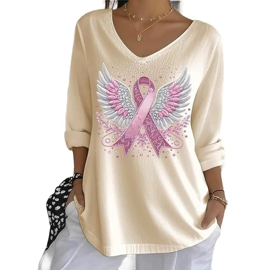 Wing Ribbon Print V-Neck Half-Sleeve T-Shirt