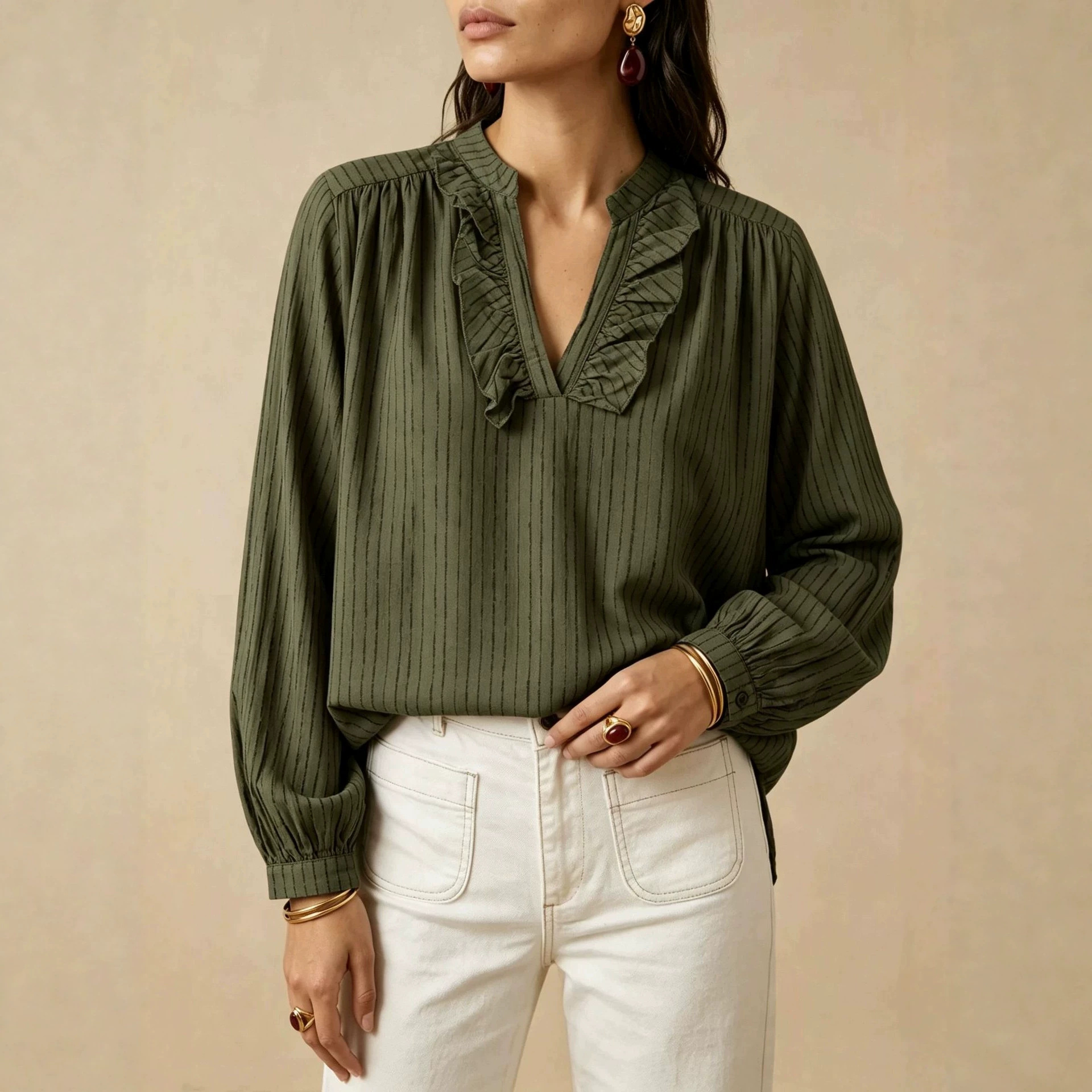Ruffle V-Neck Long Sleeve Striped Women's Shirt