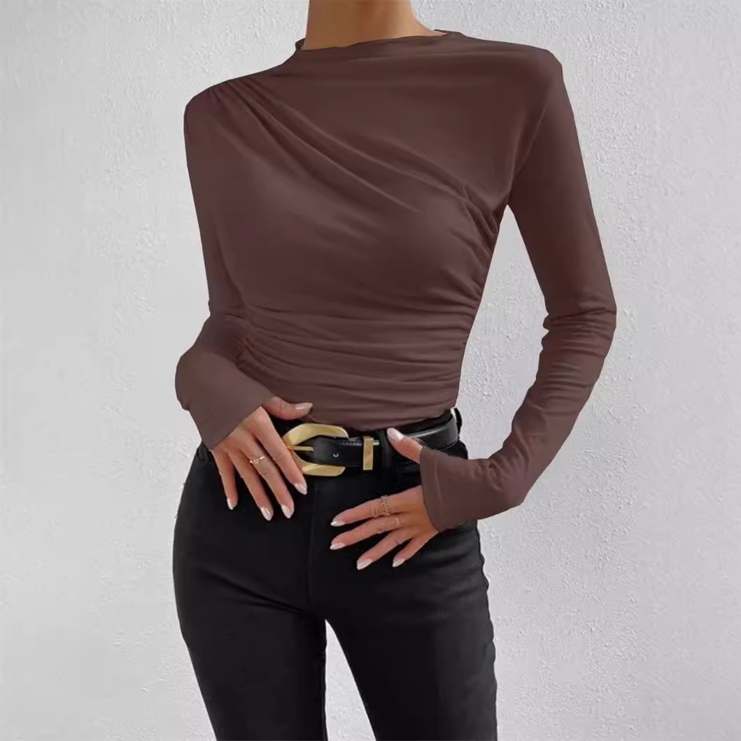 Women's Solid Color Slim Fit Pleated Long Sleeve Top