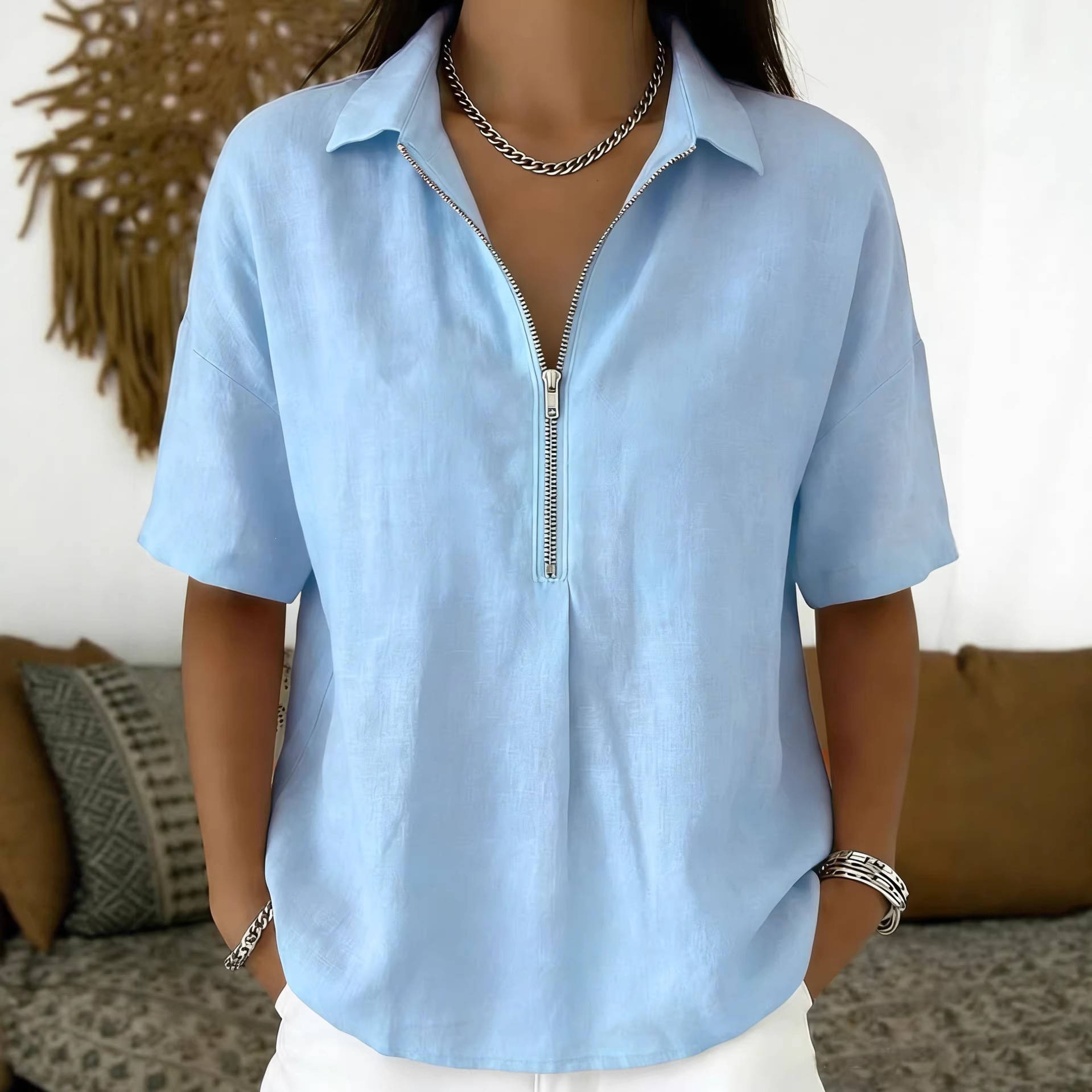 Women's Solid Color Zip Short Sleeve Shirt