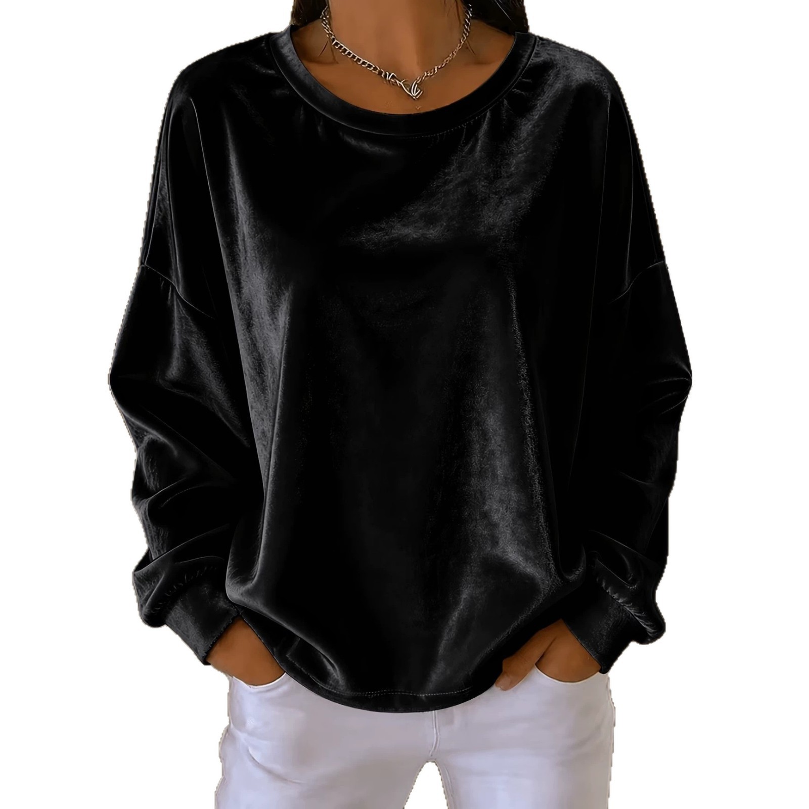 Women's Velvet Long Sleeve Crewneck T-Shirt Solid Color Loose Fit