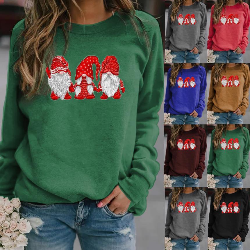 Women's Christmas Santa Print Long Sleeve Crewneck Loose T-Shirt