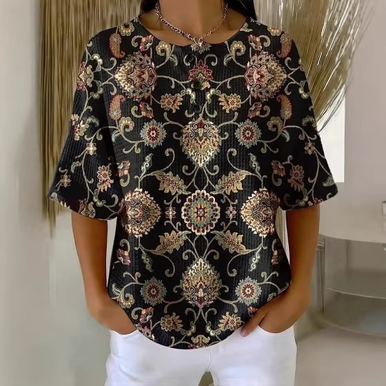 Summer Plaid Floral Print Short Sleeve Button-Up Top