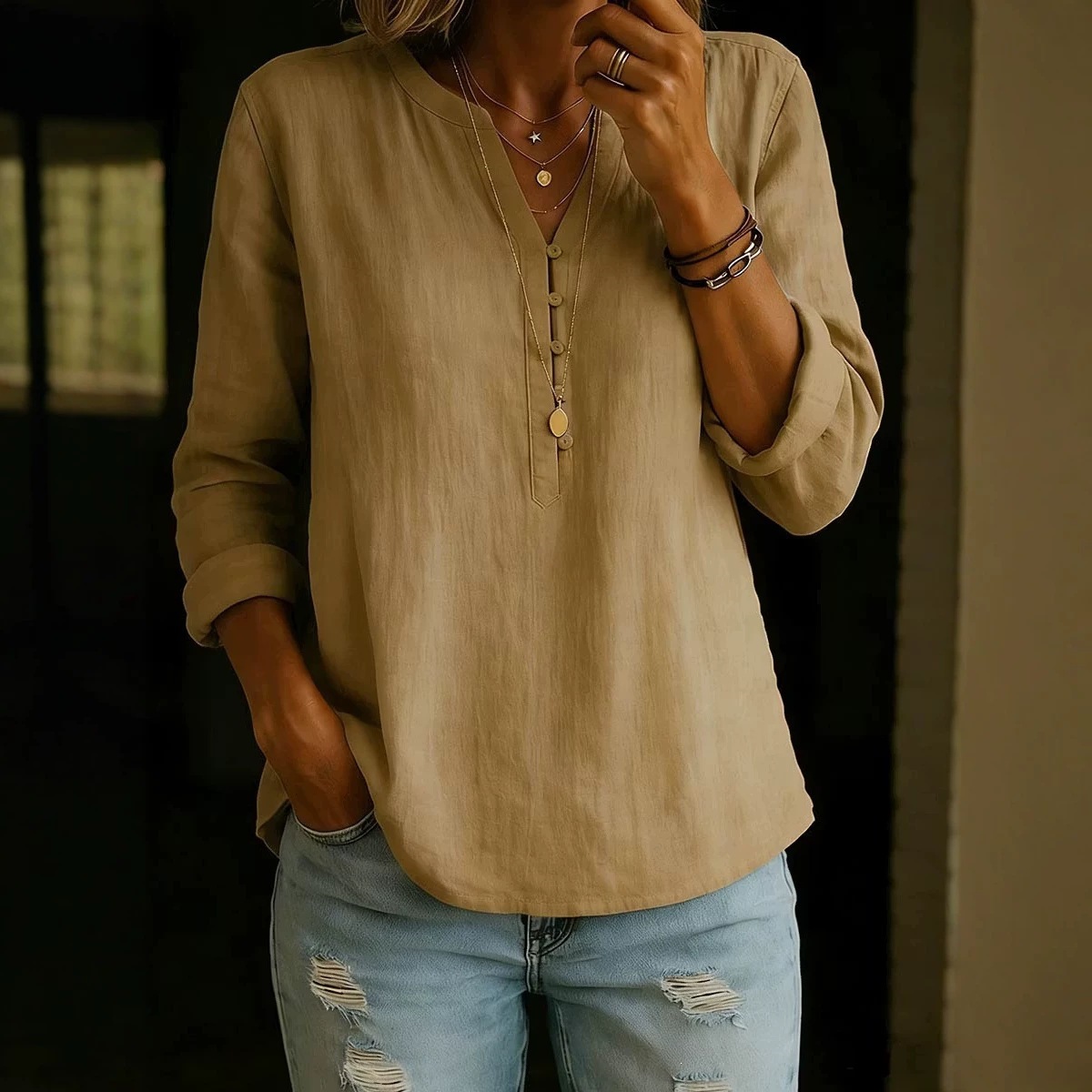 Cotton-Linen V-Neck Button-Front Long-Sleeve Top