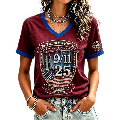 Twin Towers Anniversary Print V-Neck Short Sleeve Women's T-Shirt