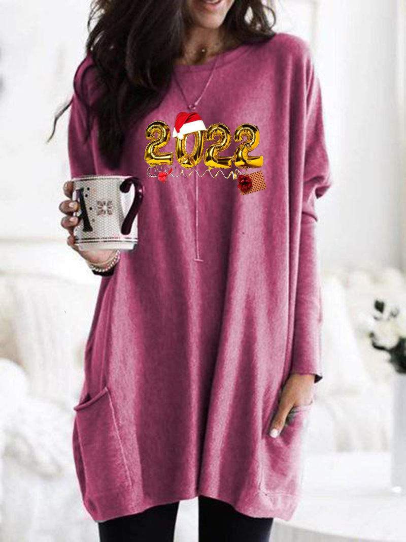 Women's Casual Long Sleeve Crewneck Pink Print Loose Pullover T-Shirt