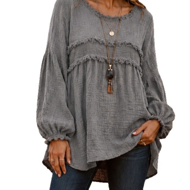 Women's Casual Patchwork Tassel Lace Trim Long Sleeve Top